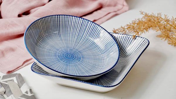 BLUE DOTTED LINES CERAMIC SERVING BOWL