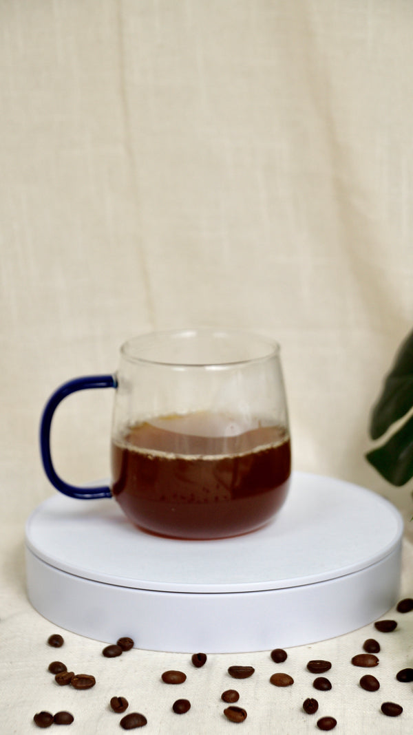 GLASS MUGS WITH COLOURED HANDLES