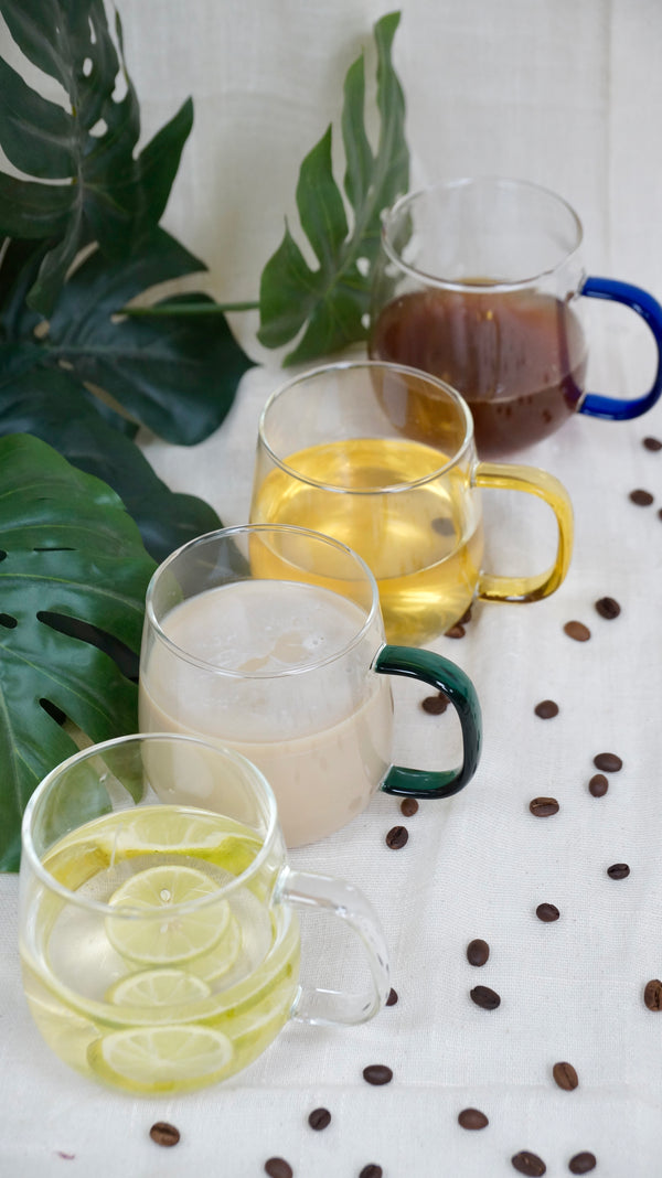 GLASS MUGS WITH COLOURED HANDLES